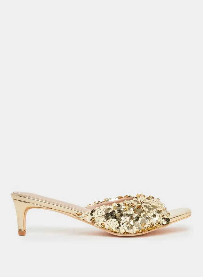 Styli Women Gold Sequin Low Heel Sandals